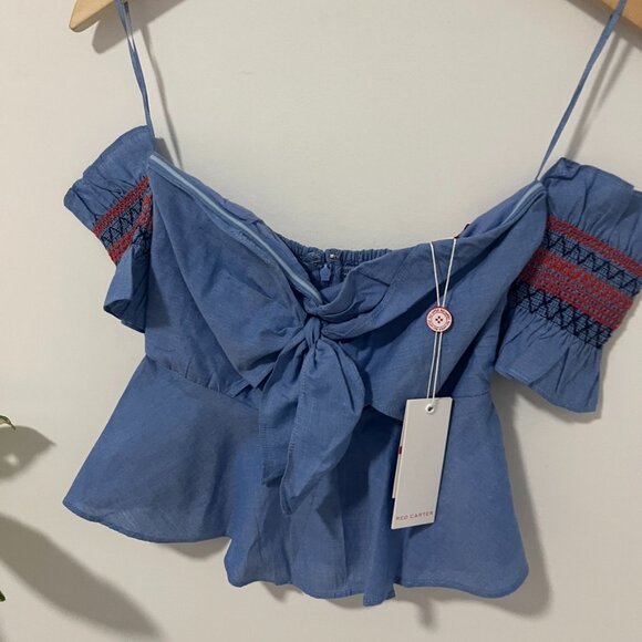 NEW Red Carter Blue Bow Tie Off the Shoulder Top Size XS - Picture 2 of 8